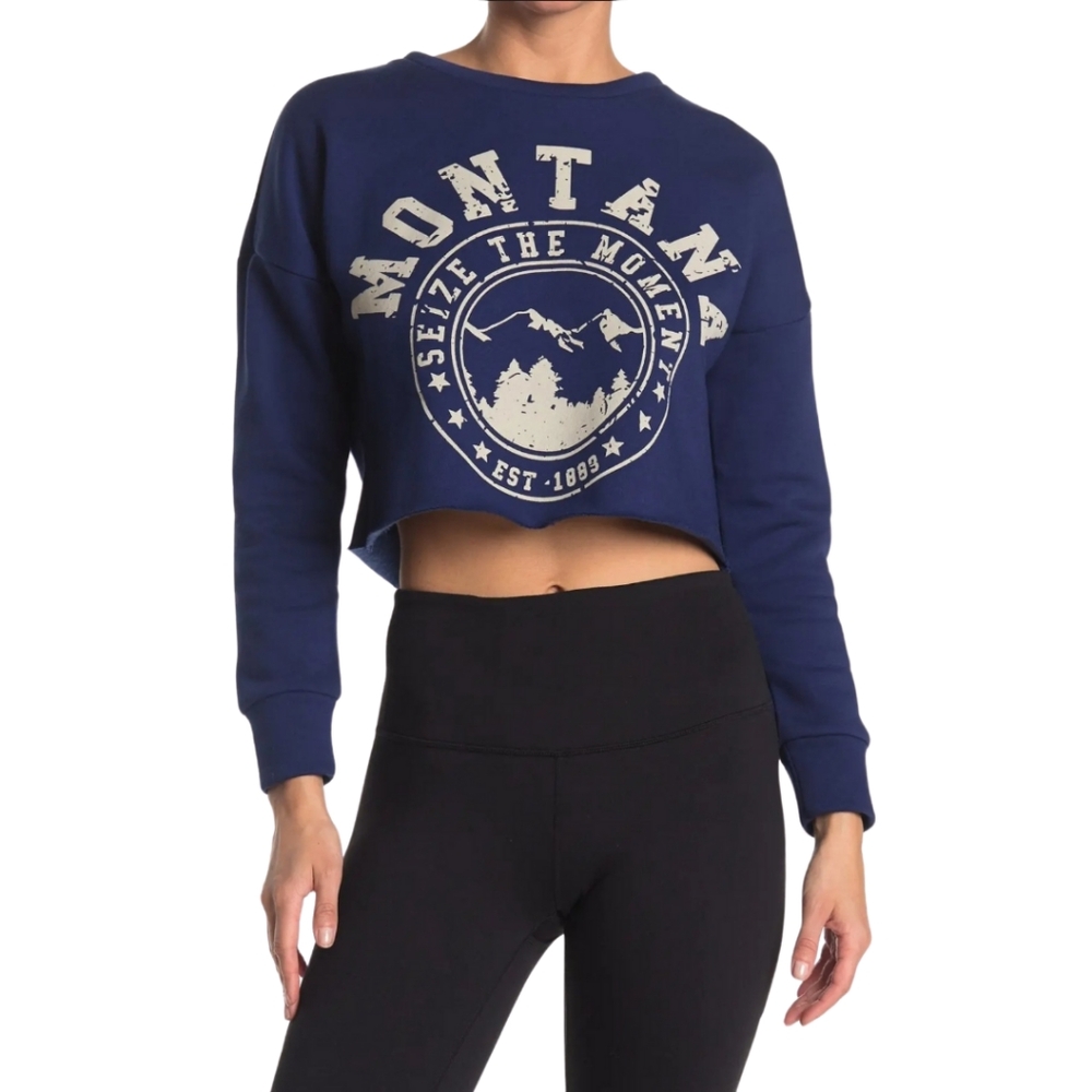 Abound Cropped Graphic Pullover in Blue Size XS